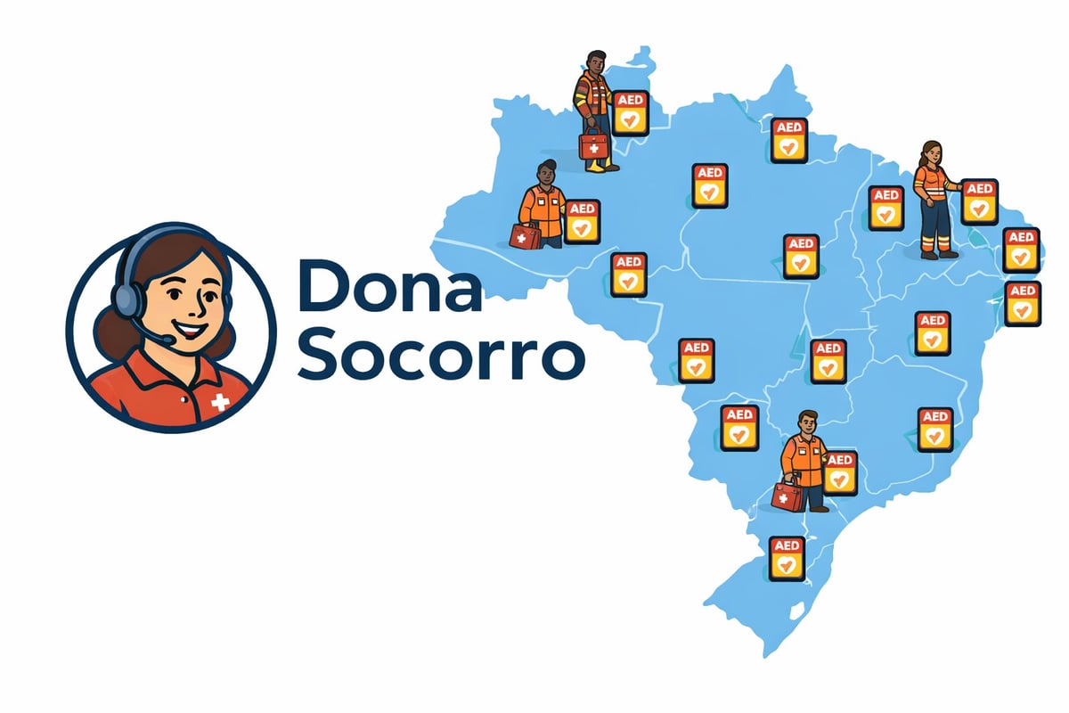 Dona Socorro logo with a smiling womans face and a map of Brazil showing service locations with helper icons